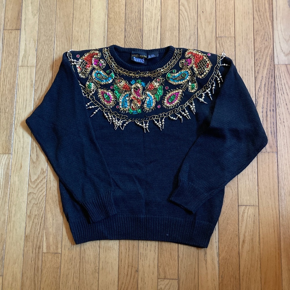 Beaded and Sequined Holiday Sweater in Black Sz S
